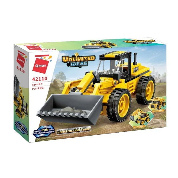 QMAN® 42110 | készségfejlesztő építőjáték | 203 db építőkocka | 3 az 1-ben Munkagépek