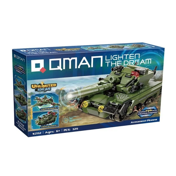 QMAN® 42112 | készségfejlesztő katonai építőjáték | 329 db építőkocka | 3 az 1-ben Tank, harcigép vagy tankelhárító