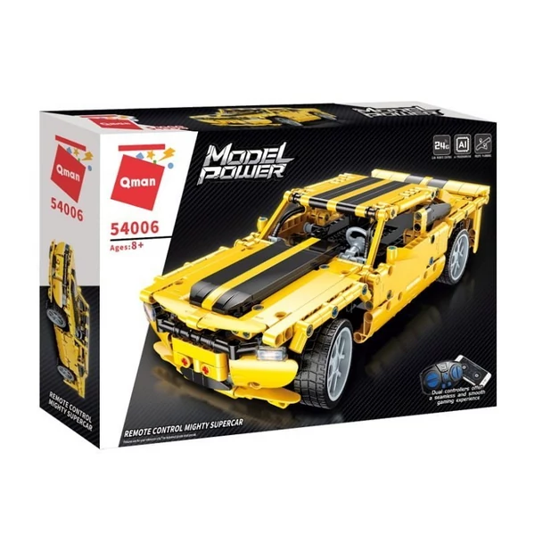 QMAN® 54006 | technic-kompatibilis távirányítós építőjáték | 501 db építőkocka | Sárga klasszikus sportautó (app + controller)