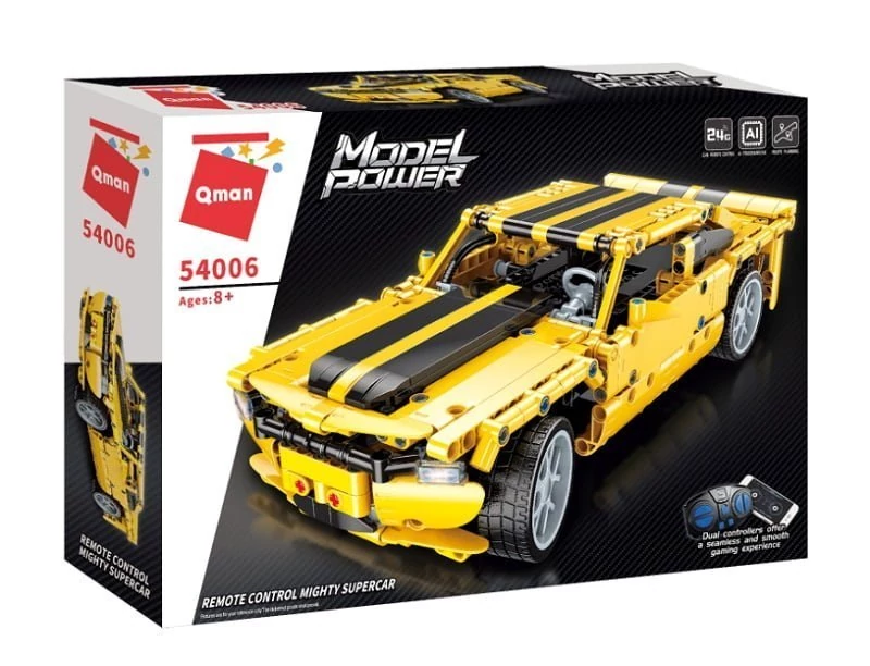 QMAN® 54006 | technic-kompatibilis távirányítós építőjáték | 501 db építőkocka | Sárga klasszikus sportautó (app + controller)